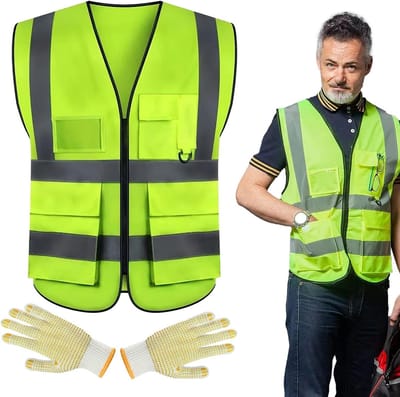 XXXL Gele Mesh Veiligheidsvest met Zakjes en Rits - Hoogzichtbaar Reflecterend Vest voor Volwassenen, Ideaal voor Werk en Veiligheid