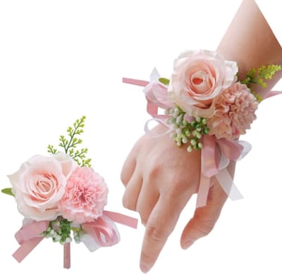 Bloem Corsage Set - Pols Bloemen - Feestelijke Decoratie - Zijde Materiaal - 10x15x5 cm - Roze