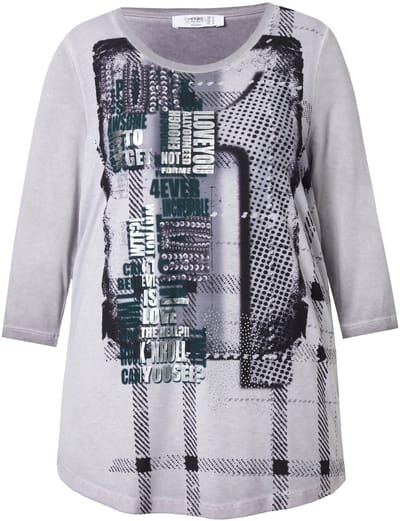Angel of Style - Dames - T-shirt comfort fit XL-print 3/4-mouwen - Loodgrijs - Maat 48