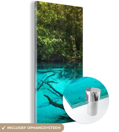 MuchoWow® Glasschilderij 20x40 cm - Schilderij acrylglas - Helderblauw meer in de jungle - Foto op glas - Schilderijen