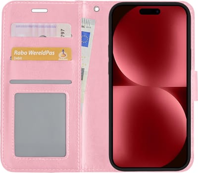 Hoesje - Met Pasjeshouder - Geschikt voor Apple iPhone 15 - Luxe Bookcase Portemonee - Flip Case - Kunstleer Book Case - Flipcase - Book Cover - Walletcase - Portemonneehoes - Lichtroze