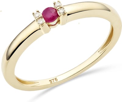 Miore Pure Ring Dames - 9 Karaat - Goudkleurig - Met Diamanten en een Robijn - Handgemaakt - Maat 52
