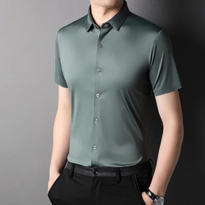 Zomer IJs Zijde Strijkvrij Korte Mouw Overhemd Heren Naadloos Ademend Sneldrogend Overhemd Heren Elastisch Half Mouw Zakelijke Herenkleding L gray