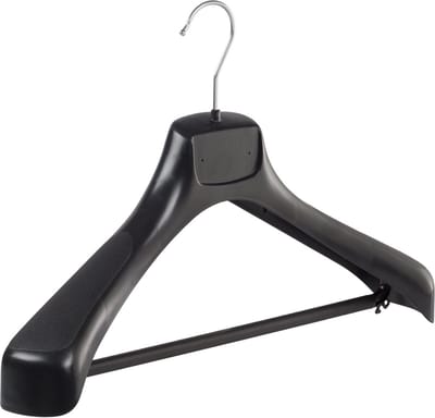 De Kledinghanger Gigant - Mantelhanger - Kostuumhanger - Jassenhanger - Volwassenen - ETR43 - 50 Stuks - Kunststof - Zwart - Gebogen Model - Schouderverbreding 7,4 cm - Broeklat - 43 cm - Kledinghanger - Kleerhanger - ETR-Serie (ETR43/B_00/50)