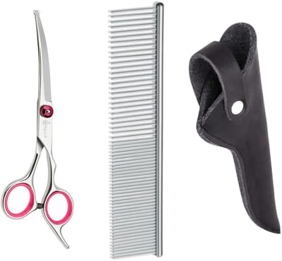 Professionele Hondenschaar – Ergonomische Kromme Trimschaar – Roze – Voor Vacht- & Pootverzorging van Langharige Honden met Luxe Lederen Etui – 16,5 cm – Zwart + Anti-Klit Kam – Pijnloos & Huisdiervriendelijk