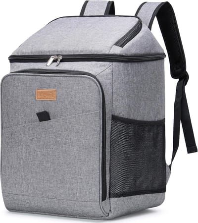 Koelrugzak 26 Liter - Geïsoleerde Lekvrije Koeltas Rugzak voor 34 Blikjes - Grote Picknickrugtas en Zachte Koelbox voor Strand, Camping, BBQ, Reizen en Familie-uitjes - Grijs
