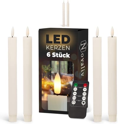 LED-staafkaarsen met timer wit 6 stuks voor binnen - 6 uur - ECHTE WAS geribbeld 23 cm hoog voor kaarsen 2,2 cm diameter 2 AAA-batterijen vereist LED-staafkaarsen set van 2 (twee keer) bewegende vlam