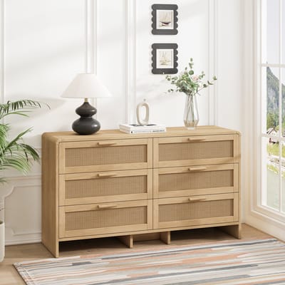 DESMIU Ladekast - Natuurlijke Rotan Opbergkast Met 6 Laden - Veelzijdig Voor Woonkamer Slaapkamer En Keuken - Spaanplaat - 130 Cm - Naturel