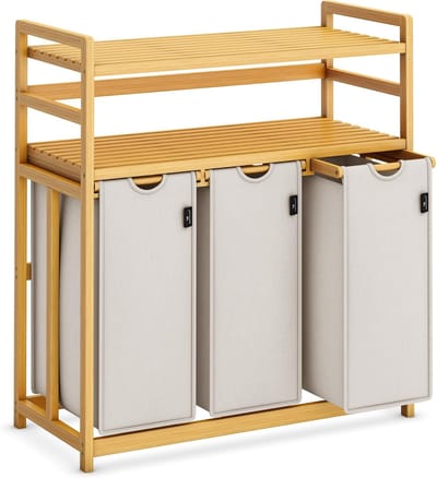 Wasmand 150 l, 3 vakken, 2 planken, uittrekbare en afneembare waszak, bamboeframe, wasmand, wasmand, wassorteerder, bamboe (lichtgrijs 06-13)