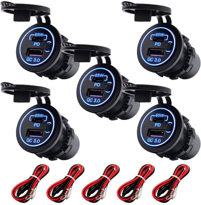 ProRide 12V USB-C Wandcontactdoos Inbouw - 65W - USB-A en USB-C - Schakelaar - QC3.0 - Blauw - Kabel en Zekering - 5 stuks