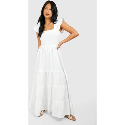 boohoo Dames Kleine Shirred Poplin Midaxi Jurk | Ivoor | Maat: 34