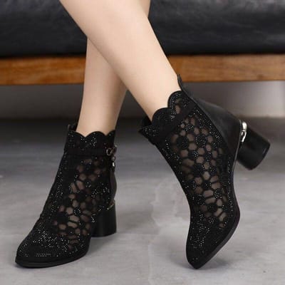 Bottes fraîches en maille de cuir souple Printemps et été Sandales évidées pour femmes Bottines à talons épais perméables au Rhin pour femmes Bottes simples pour femmes 37 noir
