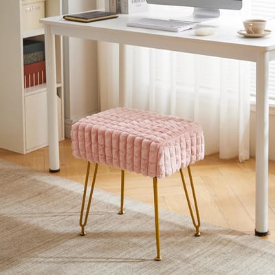 Poef - Kruk - Velvet Zitkruk - Kaptafel Kruk - Roze - Gouden Metalen Poten