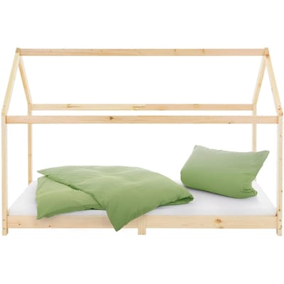 Kinderbed huisbed 90x200 cm van grenenhout incl. matras H-10cm houten bed met dak en lattenbodem ML design