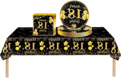 Feestelijke 37-delige zwart-gouden versiering voor 18e verjaardag, tafelkleed, papieren borden en servetten voor een onvergetelijk verjaardagsfeest voor jongens en meisjes