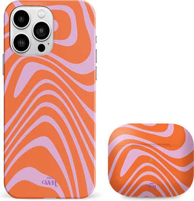 xoxo Wildhearts siliconen hoesje + Airpods Pro 1/Pro 2 - Geschikt voor iPhone 14 Pro Max en Airpods Pro 1 en Pro 2 - Boogie Wonderland Orange - Single layer telefoonhoesje - Oranje - Roze - Hoesje met print