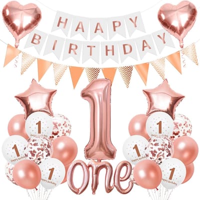 SnelShoppen - 1 Jaar Verjaardagsdecoratie Roze Goud, Verjaardag Ballonnen voor 1e Verjaardag Meisjes, Happy Birthday Slinger, Roze Gouden Confetti Bal