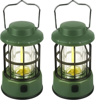 SnelShoppen - Pack van 2 Dimbare LED Campinglampen, Retro Ontwerp, 3 Lichtmodi, IPX4 Waterdicht, Perfect voor Kamperen, Vissen, Hiken en Noodgevallen