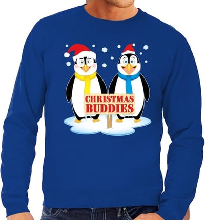 Bellatio Decorations Foute kersttrui / sweater - pinguin vriendjes - blauw - voor heren - Kersttruien S