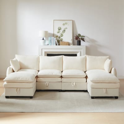 Modulaire U-vorm bank met opbergruimte - Chenille stof - 4 zitmodules, 2 hockers, opbergruimte onder elke zitting - 6 kussens, massief houten frame, metaalaccenten - Geschikt voor woonkamer, kantoor en ontvangstruimte
