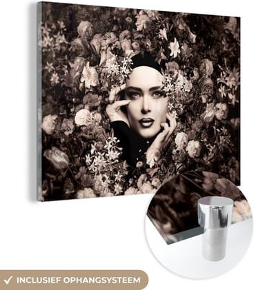 MuchoWow® Glasschilderij 40x30 cm - Schilderij acrylglas - Vrouw - Bloemen - Botanisch - Natuur - Foto op glas - Schilderijen