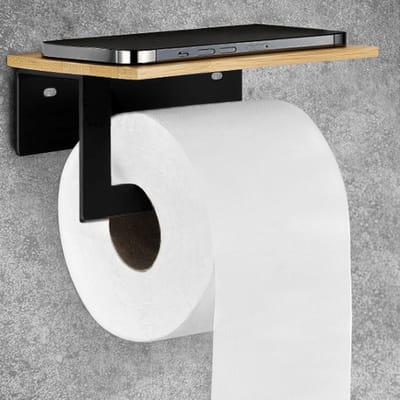 Famanu – Toiletrolhouder met bamboe plank zonder boren, zelfklevend, mat zwart