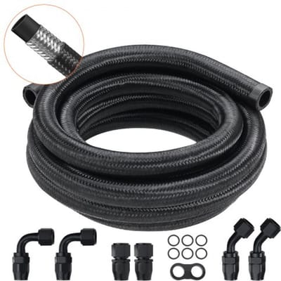 VEVOR 10AN brandstofleidingset, 3048 mm brandstofslangset, 13,97 mm nylon roestvrijstalen gevlochten brandstofleiding, olie-/gasslang eindfittingset, 7-delige draaibare adapterset