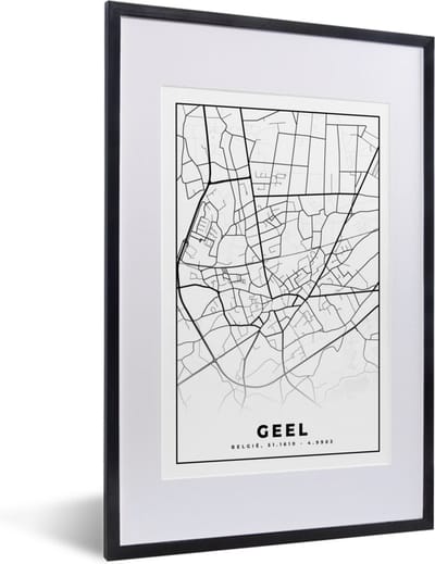 Fotolijst incl. Poster Zwart Wit- België – Geel – Stadskaart – Kaart – Zwart Wit – Plattegrond - 40x60 cm - Posterlijst