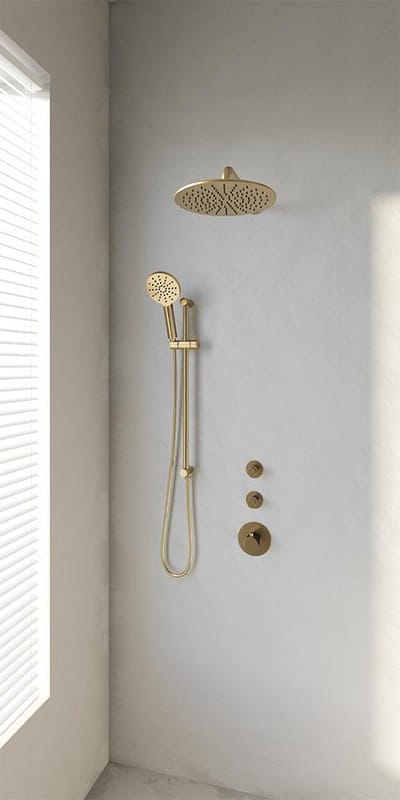 Brauer Gold Edition thermostatische inbouw regendouche SET 22 met 30 cm douchekop en gebogen muurarm en 3-standen handdouche en doucheslang en geïntegreerde glijstang goud geborsteld PVD