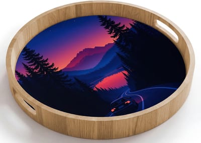 Dienblad rond 40x40 cm - Schootdienblad hout - Auto - Donkere dennenbomen - Zonsondergang - Borrelplank rechthoek - Plateau houten dienbladen