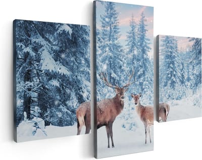 Artaza Canvas Schilderij Drieluik Twee Herten In Het Bos Met Sneeuw - 90x60 - Foto Op Canvas - Canvas Print