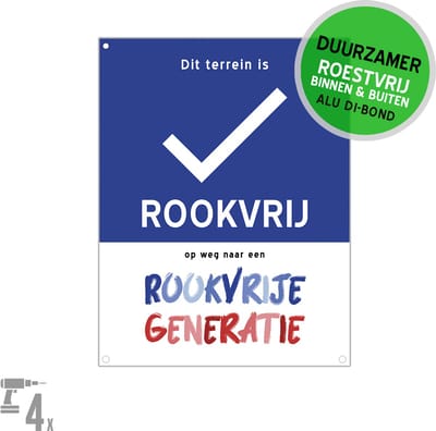 Pictogram/ bord Dibond + boorgaten (GROOT) | "Dit terrein is rookvrij - Op weg naar een rookvrije generatie" | 27 x 36 cm | Domein | Verboden te roken | Vapen | Vape | Dampen | Sigaretten | Roestvrij | 1 stuk