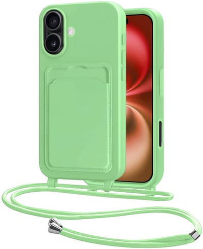 Hoes Geschikt voor iPhone 16 Plus Hoesje Pasjeshouder Cover Met Koord Case Siliconen Hoes Met Telefoonkoord en Kaarthouder - Groen