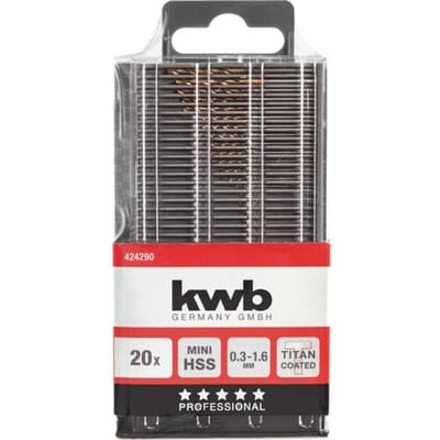 kwb 424290 HSS titanium Metaal-spiraalboorset 20-delig 0.3 mm, 0.35 mm, 0.4 mm, 0.45 mm, 0.5 mm, 0.55 mm, 0.6 mm, 0.65 mm, 0.7 mm, 0.75 mm, 0.8 mm,