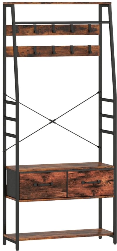 Kledingkast - 120x40x50 cm - Garderobe Met Schoenrek, Zitbank, 10 Haken & 2 Stoffen Laden - Kledingstang - Spanplaat/Metaal - Bruin