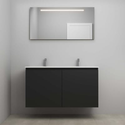 On-Line Badkamermeubelset - 120 cm - Bouwpakket - Greeploos 2 Deuren - Porseleinen Wastafel - 2 Kraangaten - Spiegel met LED-Verlichting - Mat Zwart