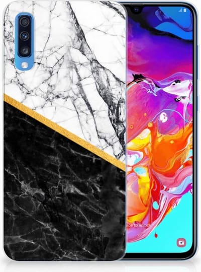Samsung Galaxy A70 TPU Siliconen Hoesje Marmer Wit Zwart - Origineel Cadeau Man