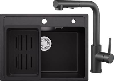Anycee Max Spoelbak voor keuken 60x46CM - Granieten Spoelbakken Met Keukenkraan Met Uittrekbare Uitloop - Spoelbak Keuken Zwart - Spoelbak met Afdruiprek