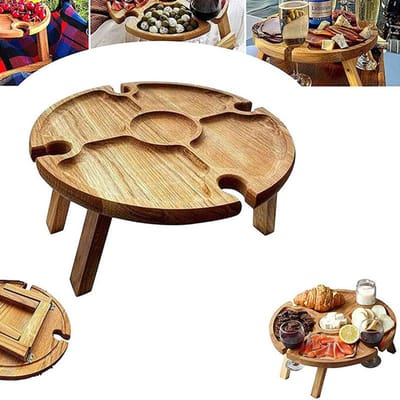 Opvouwbare Picknicktafel Glazenhouder Ronde Opvouwbare Bureau Wijnglashouder Inklapbare Campingtafel Ontworpen Voor Feest Houten Duurzaam Materiaal Buiten