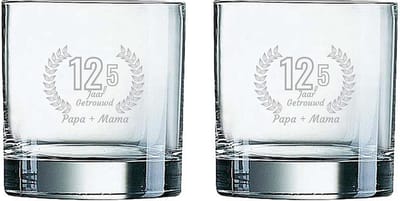 Gegraveerde set Whiskeyglazen 38cl Papa + Mama 12,5 jaar getrouwd