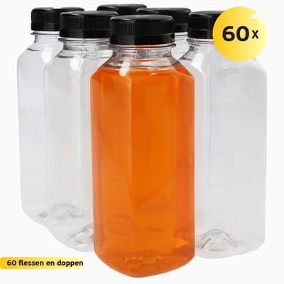60 x Sapfles Plastic 330 ml - Vierkant - PET Flessen met Dop zwart- PET Kunststof BPA-vrij - Plastic Flessen Navulbaar - Met Dop - Lege Flessen - 60 stuks