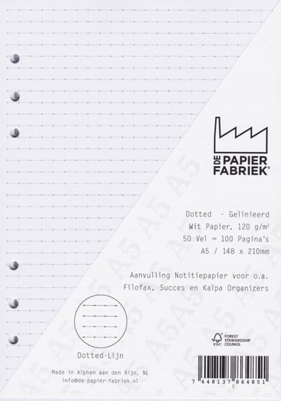 Aanvulling A5 geschikt voor o.a. Filofax, Succes Losbladige Planners 50 Vel, 120gr/m² Dotted - Lijn Wit Papier