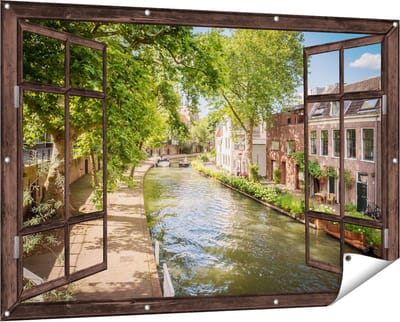 Gards Tuinposter Doorkijk Oudegracht in Utrecht - 150x100 cm - Tuindoek - Tuindecoratie - Wanddecoratie buiten - Tuinschilderij
