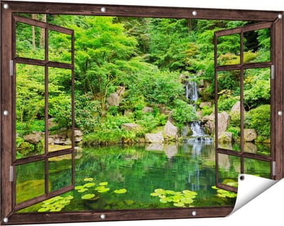Gards Tuinposter Doorkijk Panorama van Japanse Tuin - 120x80 cm - Tuindoek - Tuindecoratie - Wanddecoratie buiten - Tuinschilderij