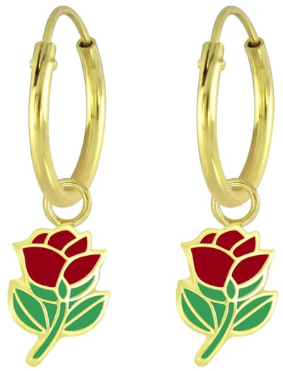 Joy|S - Zilveren bloem bedel oorbellen - rood roosje oorringen - gold plated