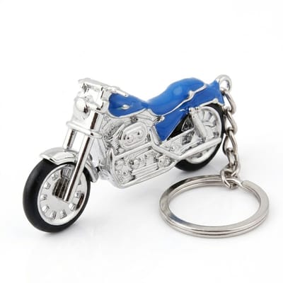 Blauw zilverkleurige motor sleutelhanger met 3D motorfiets hanger en metalen sleutelring – sleutelhanger voor dames en heren – decoratieve keychain in motor vorm met blauwe accenten
