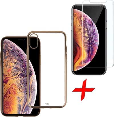 Transparant Hoesje geschikt voor iPhone Xs Max Soft TPU Gel Siliconen Case Goud + Tempered Glass Screenprotector iCall