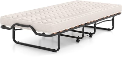 COSTWAY Gastenbed, inklapbaar, met matras van traagschuim, stabiel metalen bed tot 120 kg, Made in Italy, opklapbed op wielen, voor logeerkamer en camping, draagbaar bed, beige