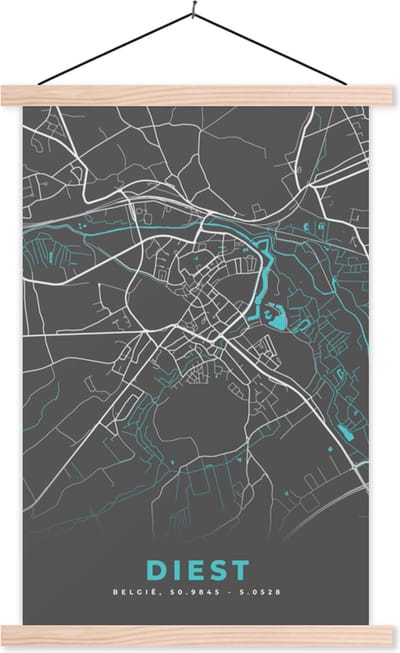 Posterhanger incl. Poster 40x60 cm - Schoolplaat - België – Diest – Stadskaart – Kaart – Blauw – Plattegrond - Textielposter - Blanke latten - Stadskaart