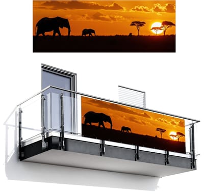 Balkonscherm 300x110 cm - Balkonposter Olifanten - Savanne - Zonsondergang - Balkon scherm decoratie - Balkonschermen - Balkondoek zonnescherm